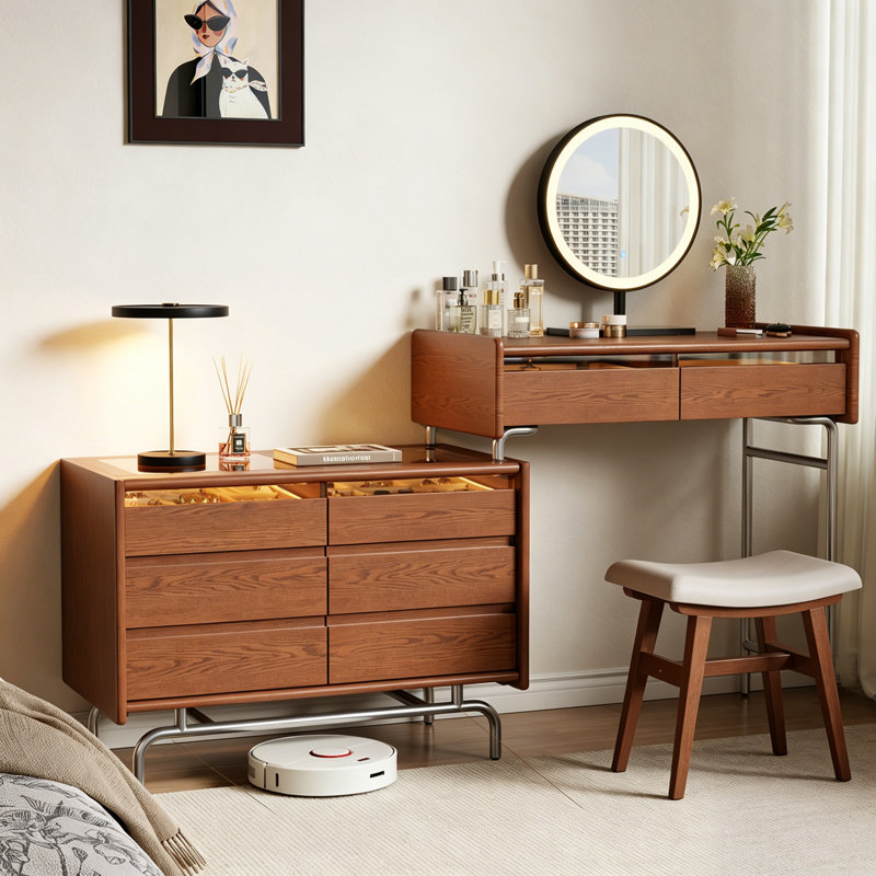 Meuble-lavabo Mid-Century en bois massif intégré avec commode