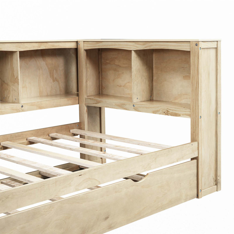 Lit de jour avec lit gigogne, armoires de rangement et ports USB, Natural