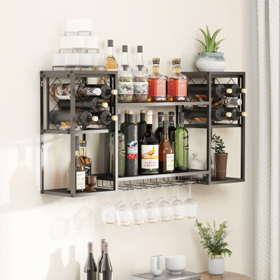 Support à vin mural en métal à 2 niveaux, tablettes de bar pour bouteilles de boissons alcoolisées avec rangement pour porte-verres, étagère murale flottante pour la cuisine et la salle à manger (noir)