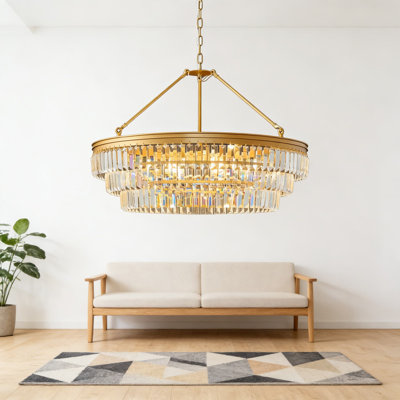 Lustre moderne en cristal avec 6 lumières et 3 niveaux, plafonnier contemporain à cadre doré de 28 pouces de diamètre pour salle à manger, salon, chambre à coucher, vestibule et cuisine
