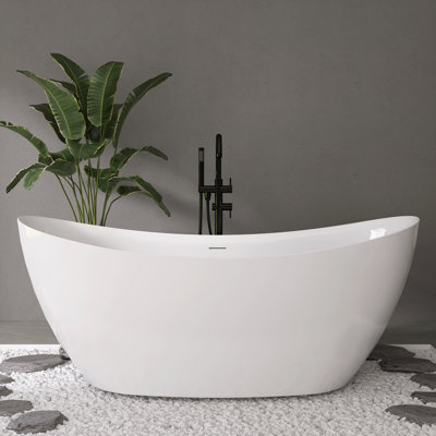 Fslefay 65''Acrylic Freestanding Modern Soaking  Bathtub with Overflow and Center Drain for Bathroom