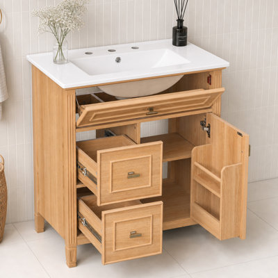 Meuble-lavabo autoportant en bois naturel de 30 po avec lavabo en céramique, 3 tiroirs à fermeture douce et armoire de rangement latérale
