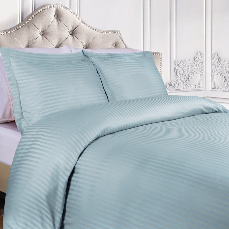 100% Egyptian Cotton Traditional Sateen Striped Luxor Treasures Duvet Cover Set, Full/Queen + 2 Shams, Light Blue