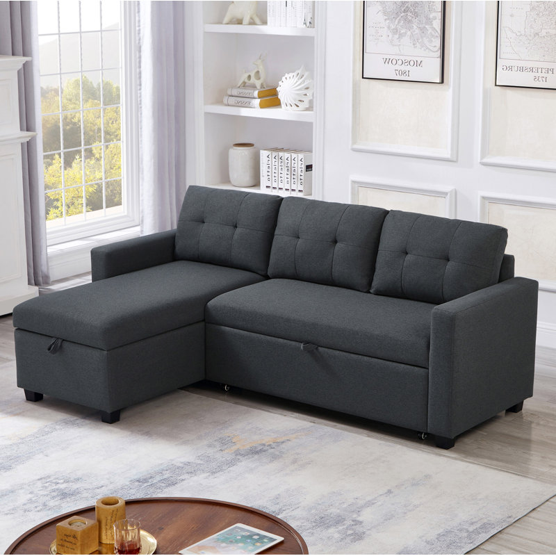 Canapé modulaire rembourré escamotable avec méridienne de rangement, canapé d'angle convertible, Lin gris foncé