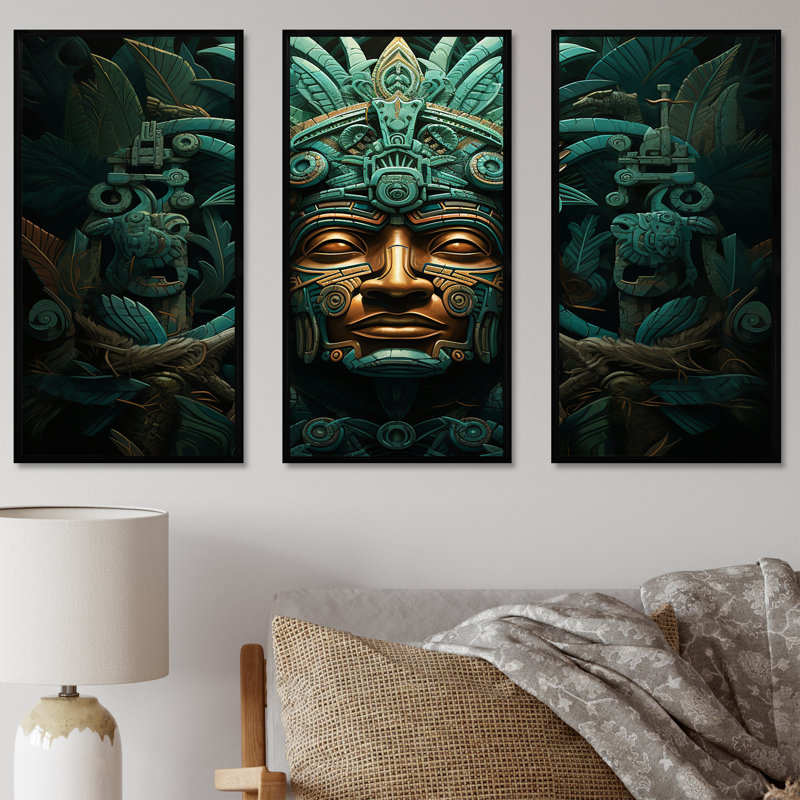 Ensemble de salon Maya Magic Aztec Mask I - art mural mexicain, H 32 po x l 48 po, Cadre flottant noir