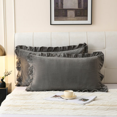 Velvet Ruffle Pillowcases Gray Pillowcases Queen Dark Gray Velvet Pillow Coves Ruffle Fringe Design Luxurious Pillow Cases with Pocket Closure Set of 2