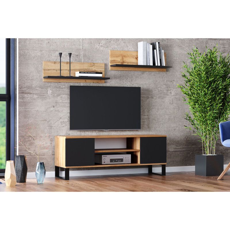 Unfinished TV Stand for TVs up to 55", Oak Wood/Black