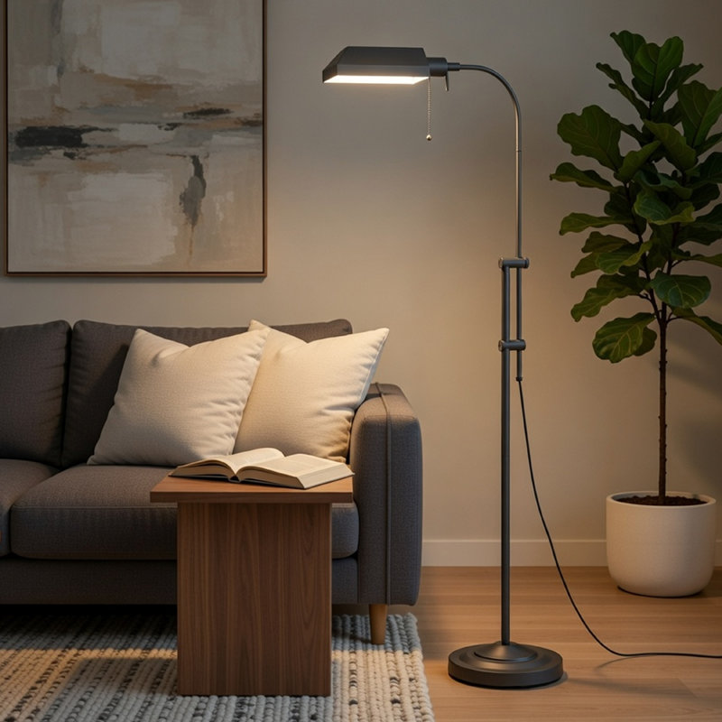 Lampe sur pied à arc avec chaîne de traction, mât réglable de 42 à 58 po, métal gris