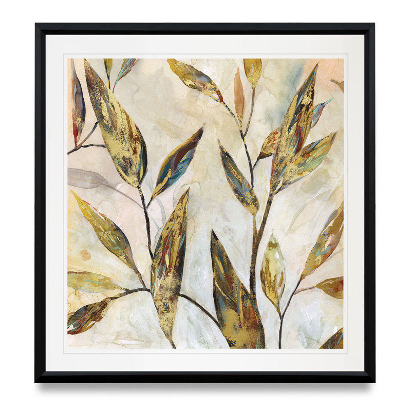 Feuilles dorées II - reproduction d'art, H 17,5 po x l 17,5 po x P 1,5 po, Cadre plastique noir