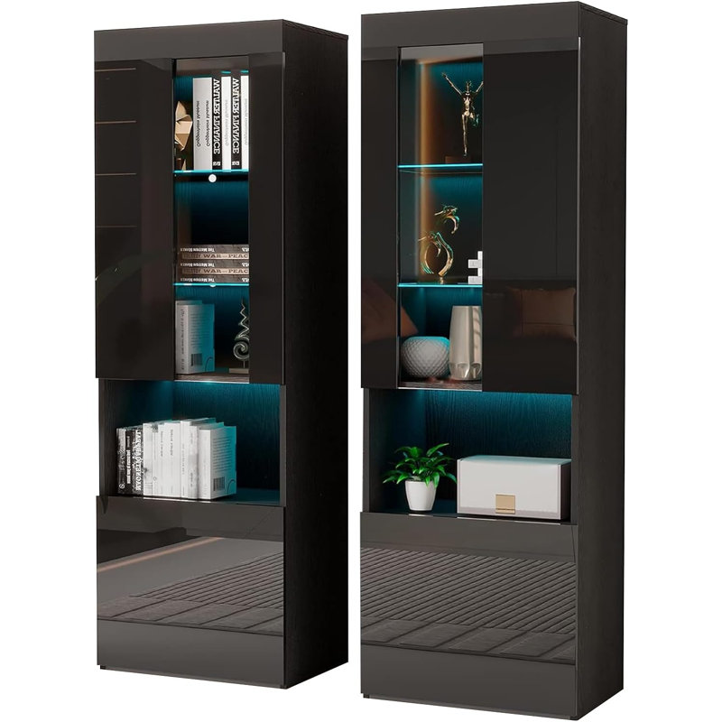 Bhhatu 71'' H X 23.6'' W 5-Tier Modern High Gloss Led Standard Storage Bookcase,Black, Black