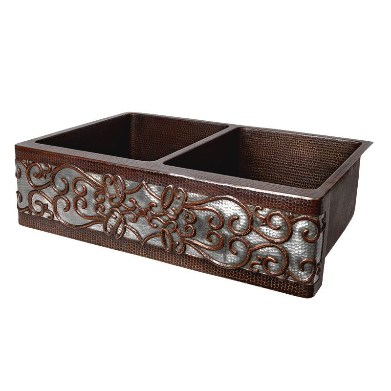 33" Hammered Copper Kitchen Apron 50/50 Double Basin Sink w/ Scroll Design and Apron Front Nickel Background with Matching Drains, and Accessories