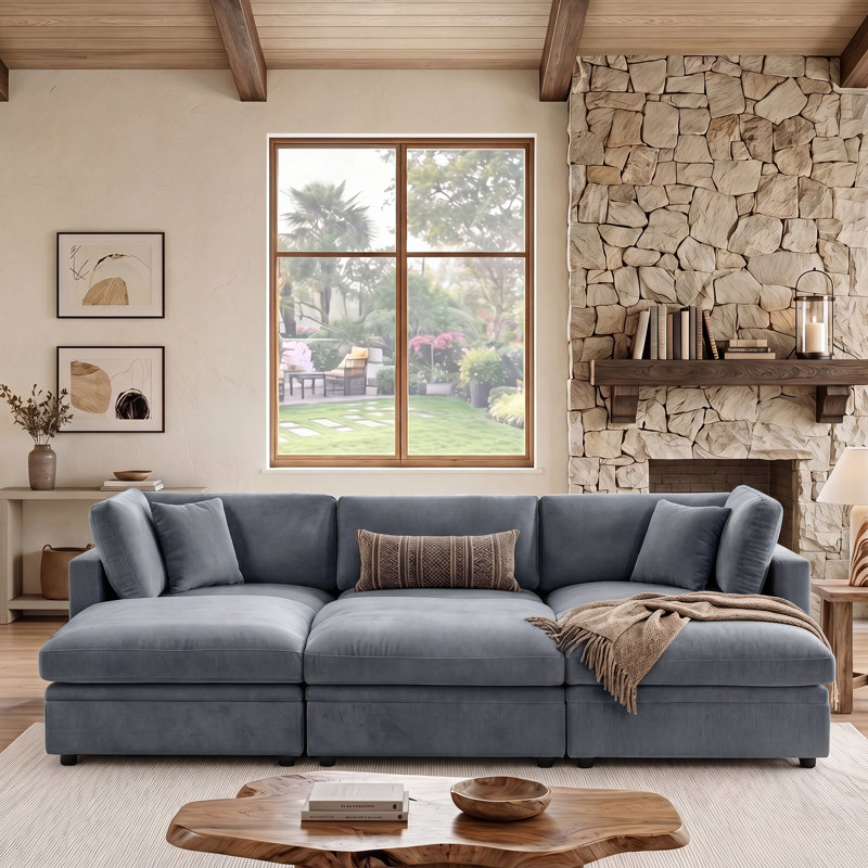 118.5” Oversized Cloud Modular Sectional Down Filled 6-Seater Sofa With Storage Ottomans, Gray