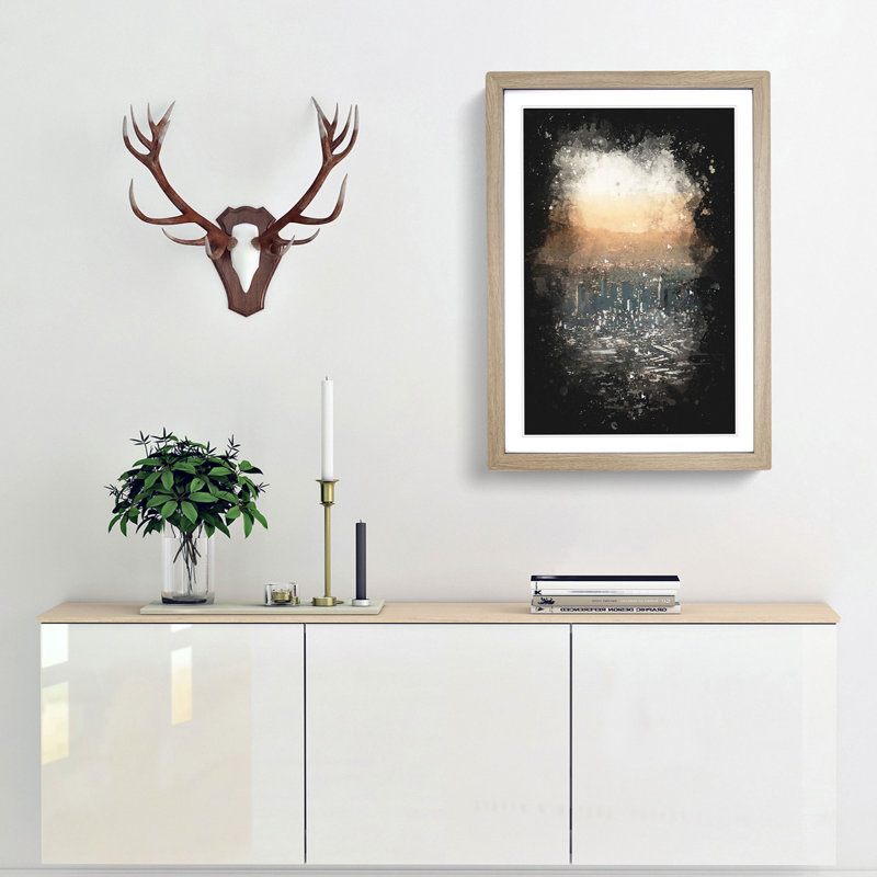 High Over The Los Angeles Skyline Paint Splash - Picture Frame Graphic Art, Oak Framed, 45cm H x 33cm W x 2cm D