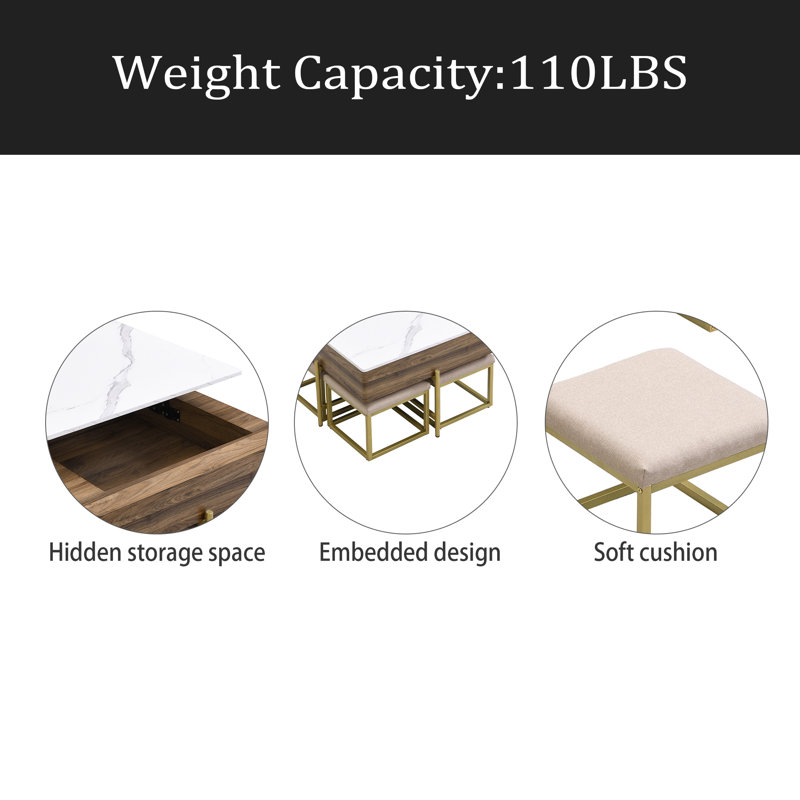 Ensemble de tables basses à plateau relevable moderne avec rangement et 4 repose-pieds blanc et noyer