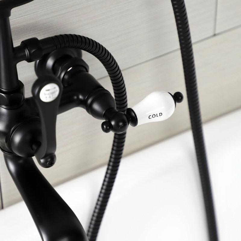Kingston Brass Aqua Vintage Three-Handle 2-Hole Tub Wall Mount Clawfoot Tub Faucet with Hand Shower, Matte Black
