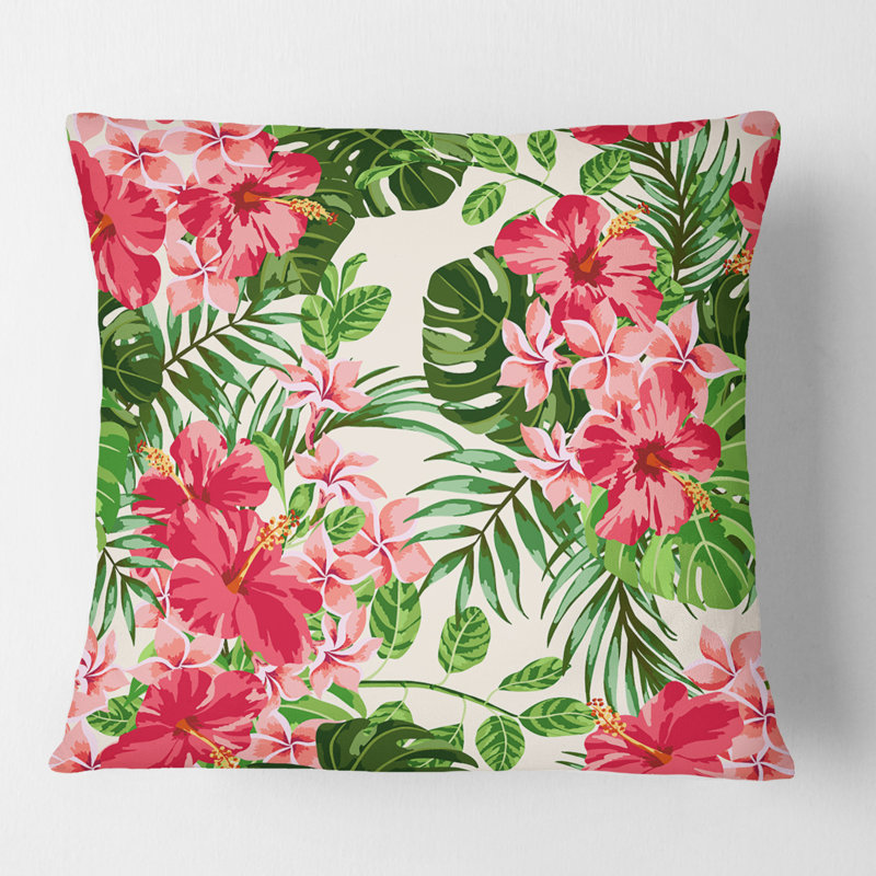 Coussin Tropical Leaves and Flowers I - Mid-Century Modern Printed, 16 po x 1 po, Carré