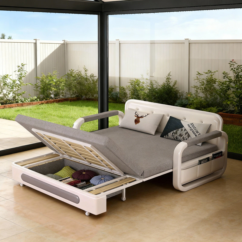 Modern Convertible Sofa Bed, Features Storage & Latex Mattress, Grey Upholstery with White Frame, Space-Efficient for Living Rooms & Studios  With Storage Space, Metal Frame