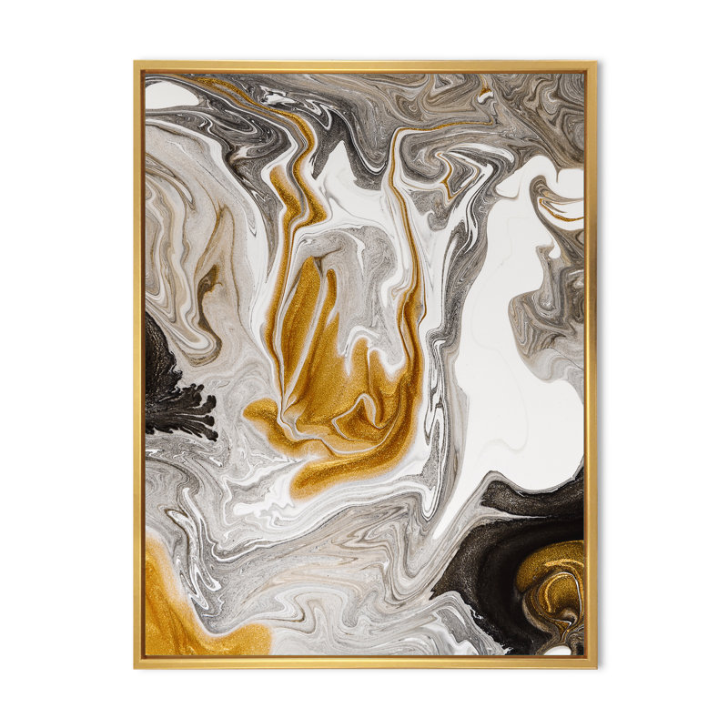 Vague de marbre doré et noir V - peinture sur toile, H 40 po x l 30 po x P 1,5 po, Cadre flottant doré