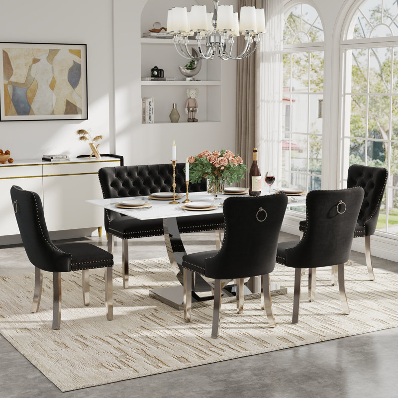 Table de salle à manger rectangulaire en verre trempé avec banc capitonné, table de salle à manger de luxe avec chaise capitonnée en velours pour salle à manger