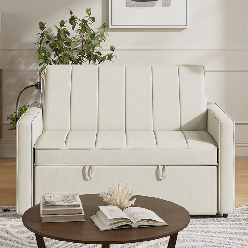 Yasuro 53''W Modern Channel Tufted Sleeper Sofa With Built-In USB Port and Mobile Phone Holder, Mejas White