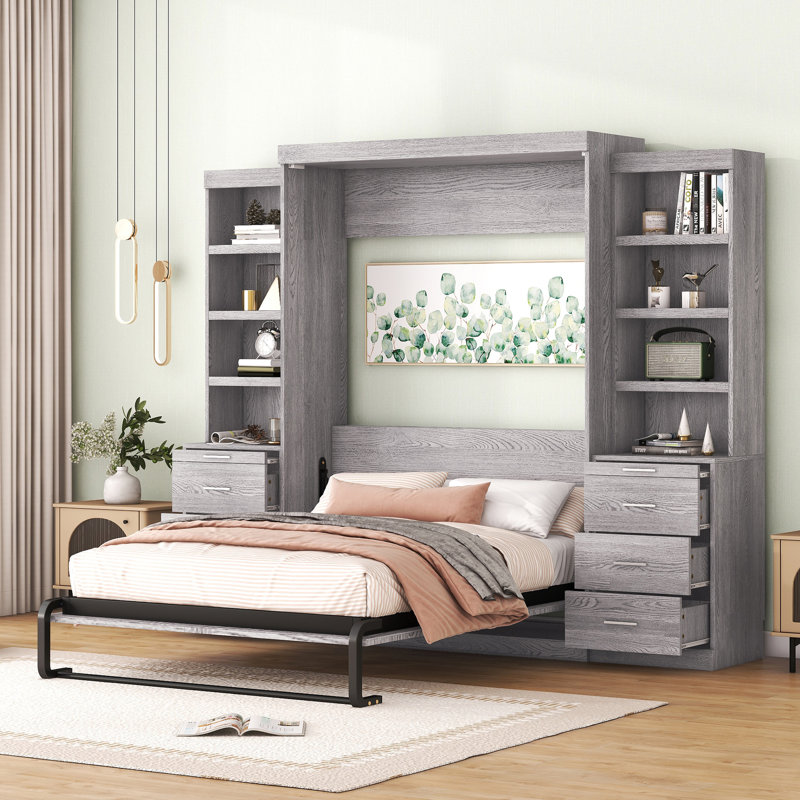 Lit double gris avec tablettes et tiroirs de rangement supplémentaires - Conception durable, choix fonctionnels, fabrication fiable et de qualité