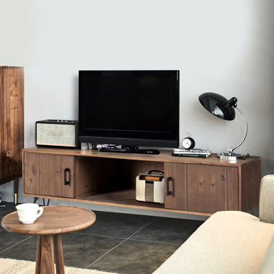 Meuble télé industriel en bois récupéré avec 2 compartiments de rangement - Design simple et généreux, bois massif, couleur naturelle, salon de 60 po x 18 po avec 20 espaces média, 60 po de profondeur, 18 de largeur, hauteur