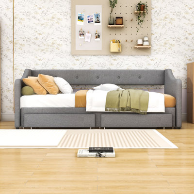 Convertible Twin XL to King Size Upholstered Daybed with Storage Drawers by Lark Manor