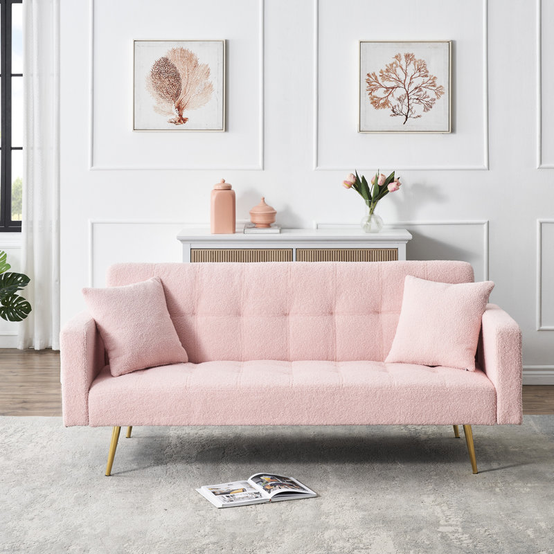 Lit en polaire rose de 182 cm (71,7 pouces) pour salon, 2 places, construction robuste avec cadre en bois massif, pieds en métal, deux coussins inclus, fonction assise et table basse, design moderne, jeté de canapé inclus