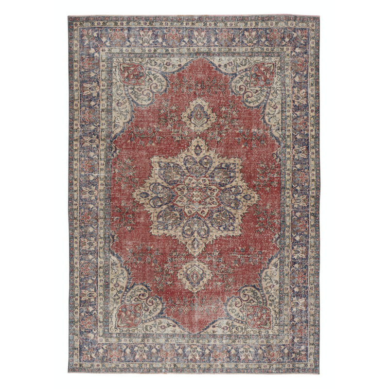 Tapis turc traditionnel rétro fait à la main 7,3 x 10,4 pi. Tapis en laine noué à la main avec motif médaillon
