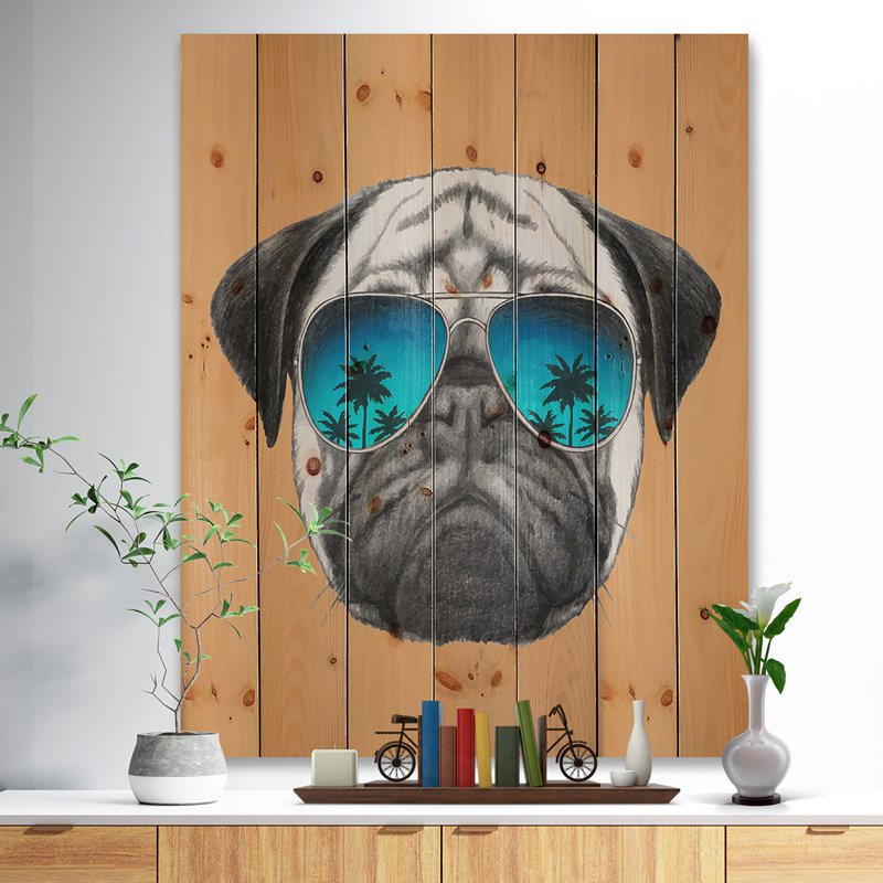 Alfaro rigolo avec lunettes bleues - impression d'art graphique, H 46 po x l 36 po x 1,5 po, Bois naturel