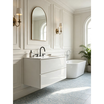 Meuble-lavabo mural flottant avec lavabo en céramique et tiroirs à fermeture en douceur