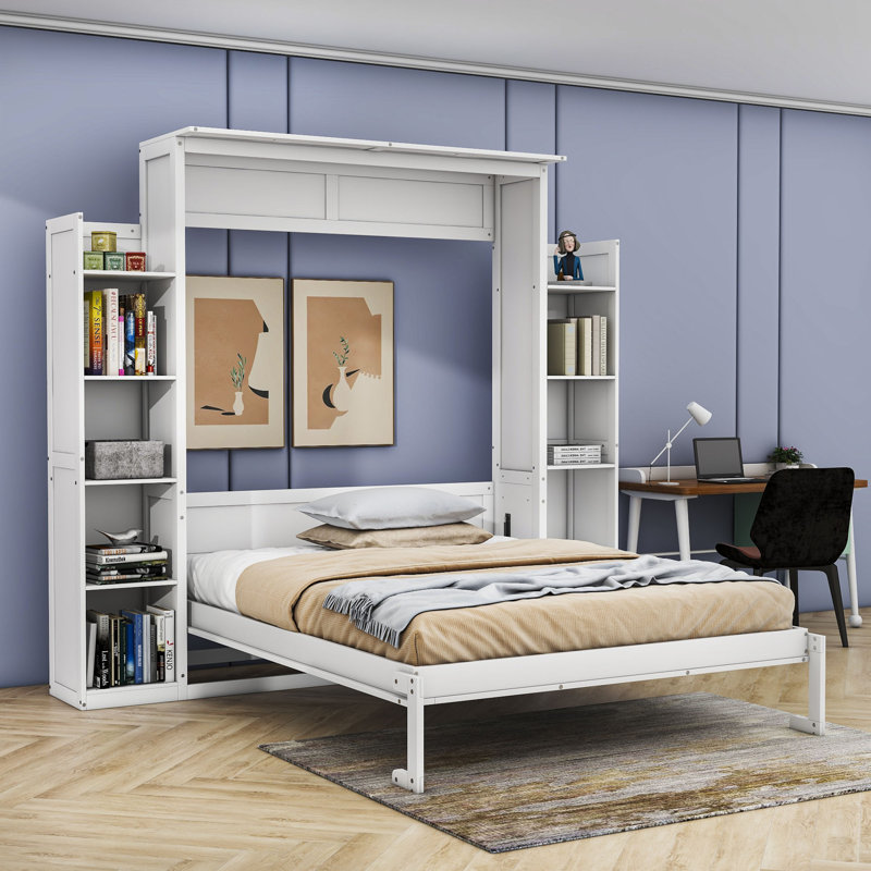 Nicara Murphy Storage Bed with LED Lights and Shelves, White, Queen
