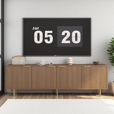 Meuble télé moderne en bois cannelé de 68 po en T, centre de divertissement avec portes de rangement, meuble télé console, pour téléviseur de 55 po et plus