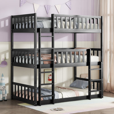 Twin Size Triple Rubber Wood Bunk Bed with Ladders and Detachable Design for Space-Saving and Versatile Use, Black