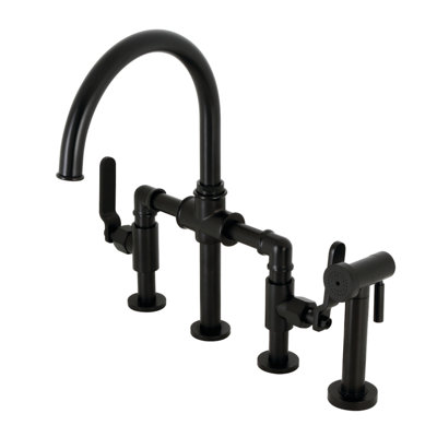 Kingston Brass Two-Handle 4-Hole Deck Mount Industrial Style Bridge Kitchen Faucet with Brass Side Sprayer