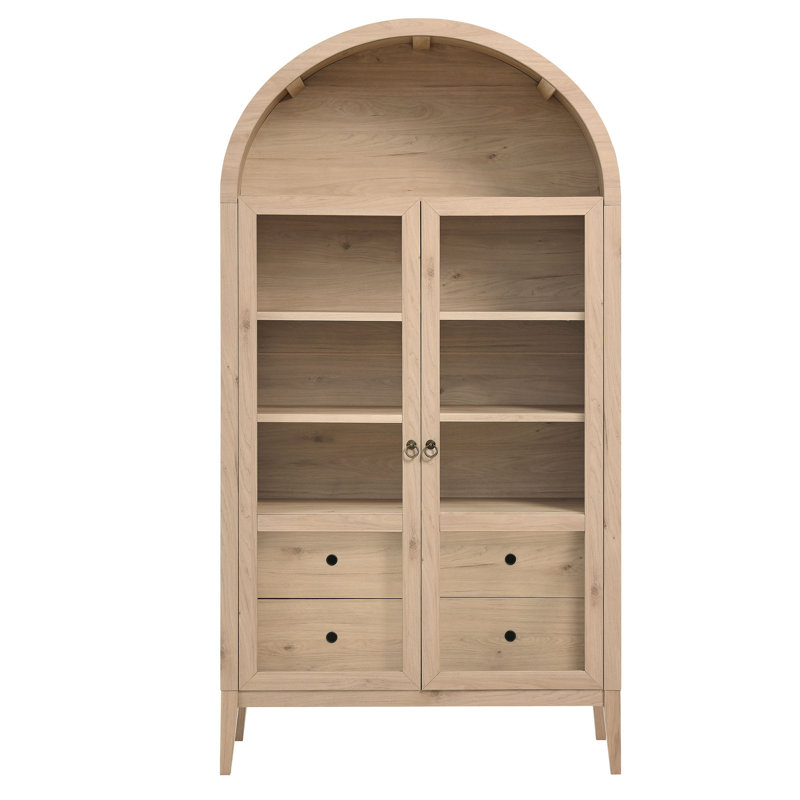 Nolan Light Oak Tall Arched Storage Display Cabinet with Glass Doors