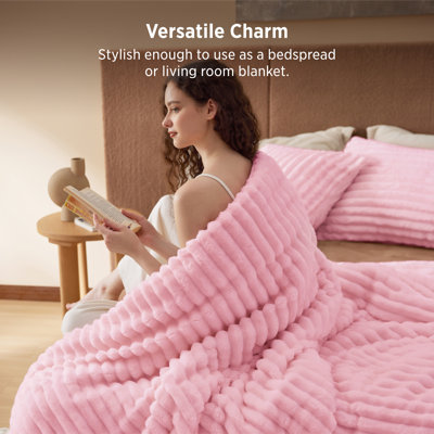 Bedsure Full Size Comforter Sets - 3-Piece Double-Sided Fleece Fluffy Pink Bedding, Cozy Striped Aesthetic for Modern & Guest Bedrooms, All-Season Luxury Home Decor