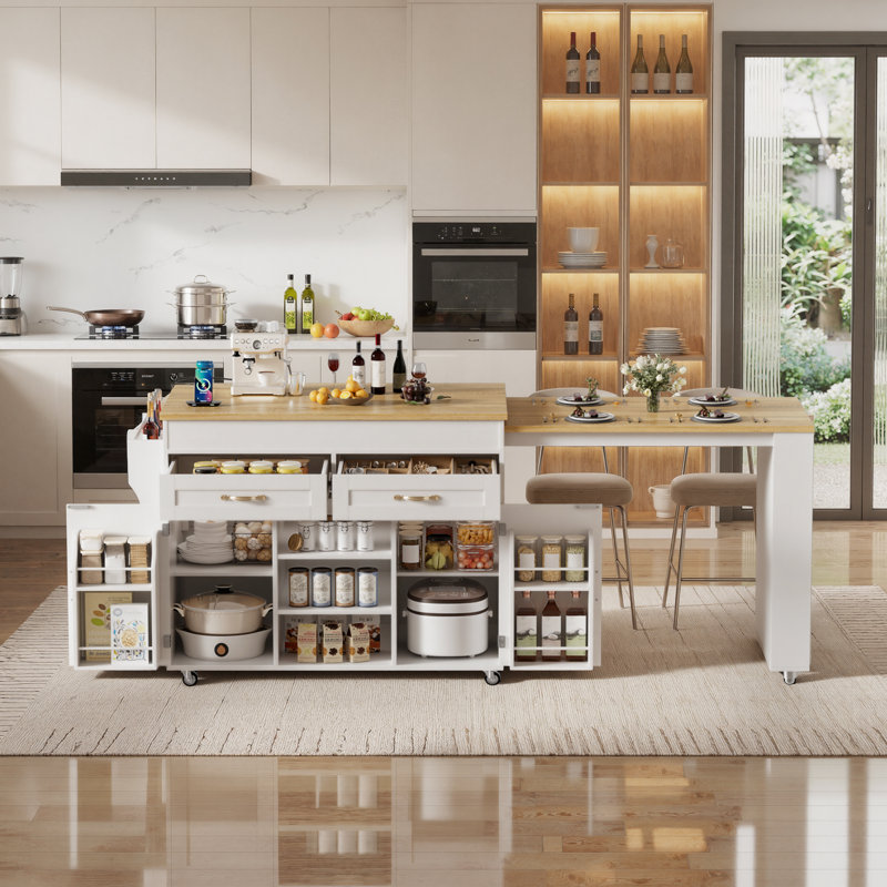 Kitchen Island With Extendable Dining Table, Mobile Kitchen Storage Islands, Rolling Kitchen Cart With Two Cabinet, Power Outlet, Spice Rack & Towel Rack