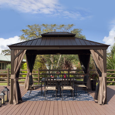 Kozyard Alexander 10’x12‘ Dark Brown Double Roof Hardtop Gazebo with Curtain and Mosquito Netting