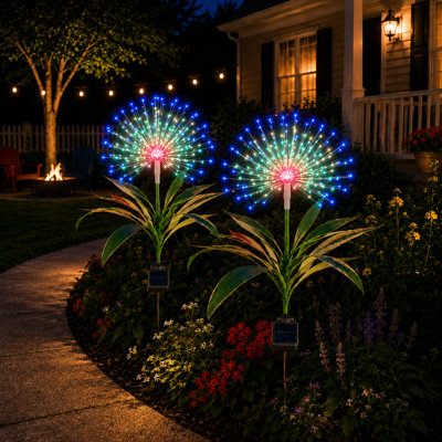 Feux de fleurs solaires d'extérieur Lontl, lot de 2 lumières de piquet de jardin solaires 120 DEL, lumières décoratives avec feuilles tropicales réalistes, 8 modes d'éclairage, imperméable pour la décoration de patio, de cour, de sentier et de jardin