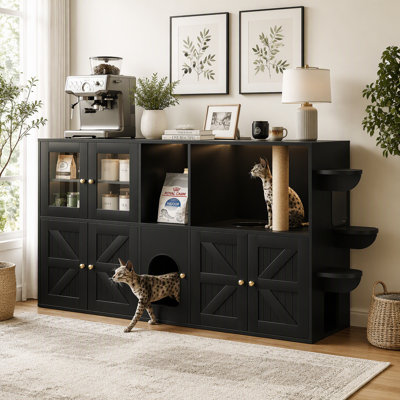 Meuble de ferme pour chat 73,23 po, toilette cachée pour chat avec poteau à griffes intégré et lumières à DEL, maisonnette pour chat avec armoires et crochets de rangement, table de bout pour meuble télé, noir