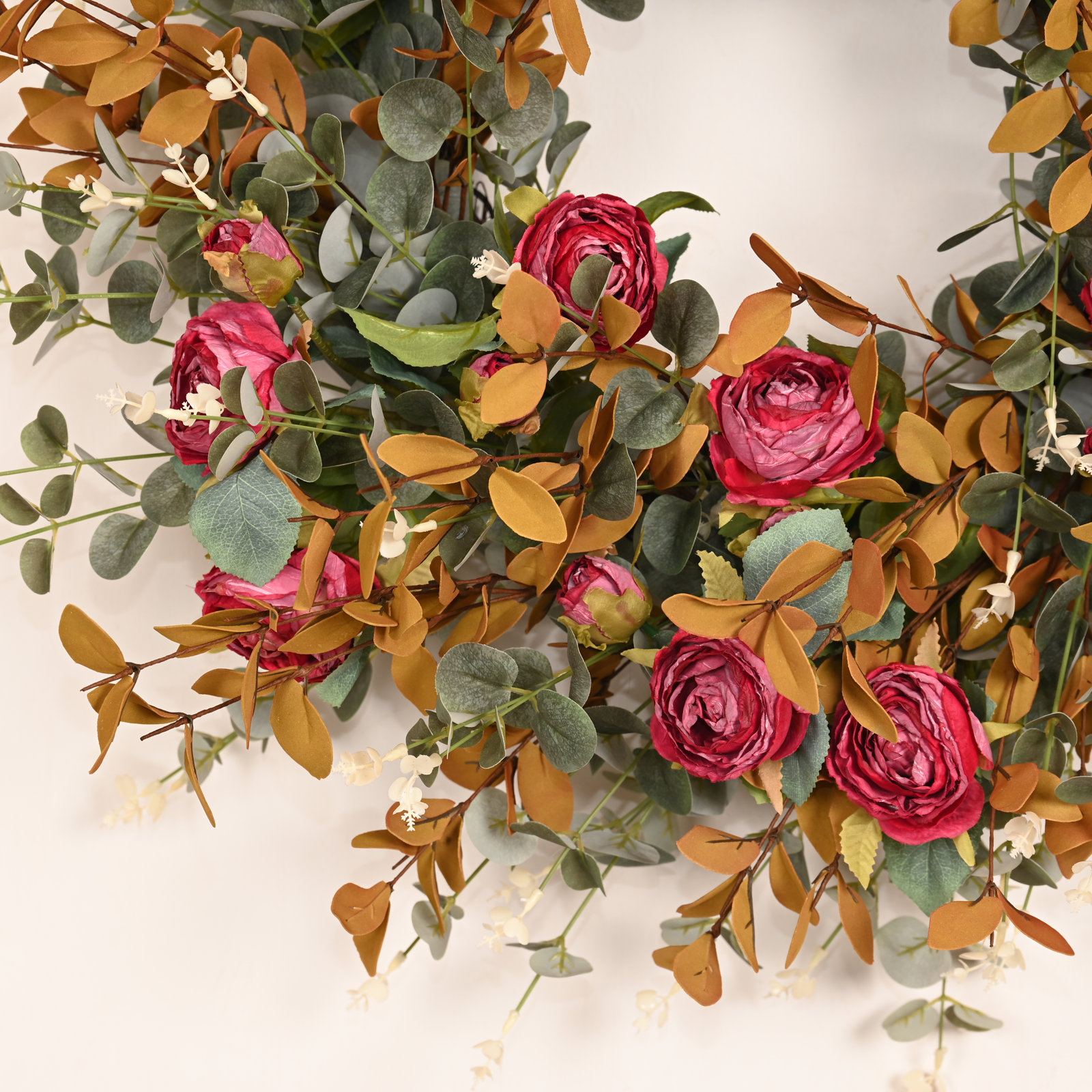 26" Artificial Large Rustic Harvest Two-Tone Autumn Eucalyptus Rose Fall Front Door Wreath Thanksgiving Décor
