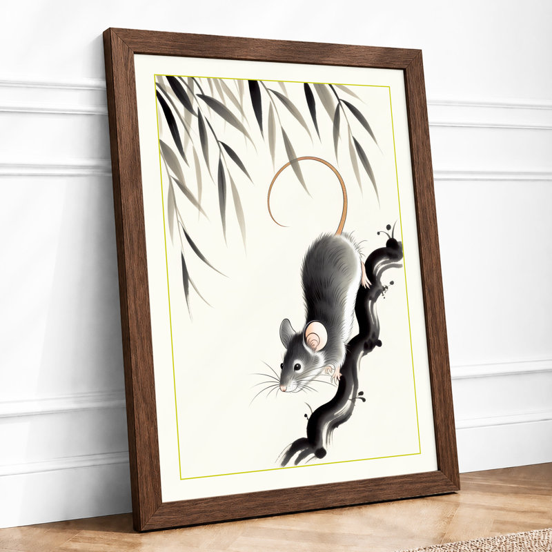 Squirrels Among Willow Japandi - Framed Print, Walnut, A3 - 42.0 x 29.7 cm