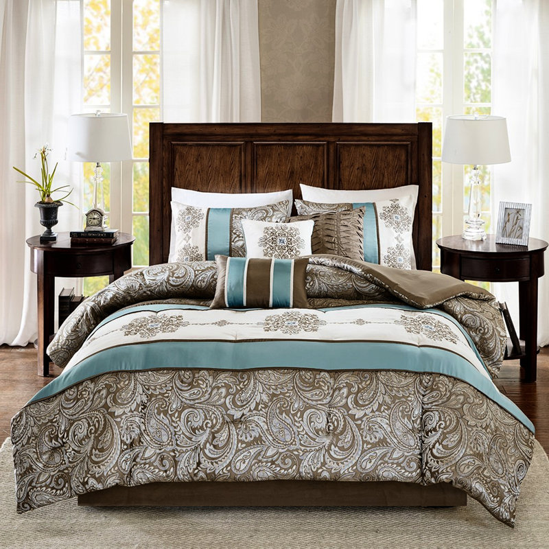 Édredon très grand avec motif cachemire bleu et brun captivant, Édredon de très grande taille et 6 pièces suppl