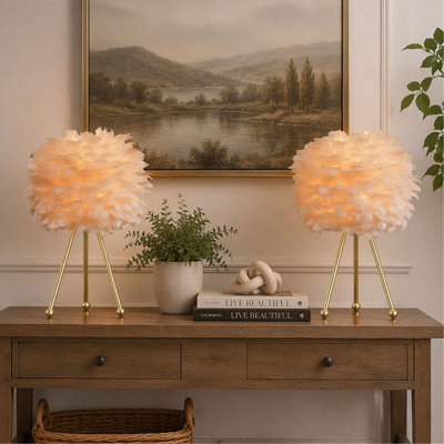 Table Lamp, Set of 2, 19", Pink Feather, Gold Tripod, Modern
