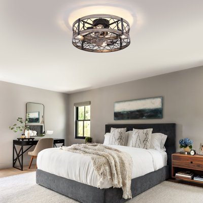 20" Flush Mount Caged Ceiling Fan with Lights and Remote Control