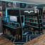 Lit mezzanine multifonctionnel en bois avec bureau moderne et rangement, bleu nuage