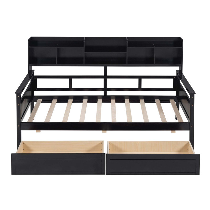 Twin Size Daybed with Bedside Shelves, Two Drawers, and Wood Slat Support for Enhanced Comfort and Storage., Twin, Espresso