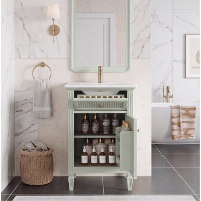Meuble-lavabo vert de 20 pouces avec lavabo en céramique, pieds en bois massif, tiroir inclinable, tablette réglable et boutons en zinc doré - Armoire autoportante moderne pour les petites salles de bain