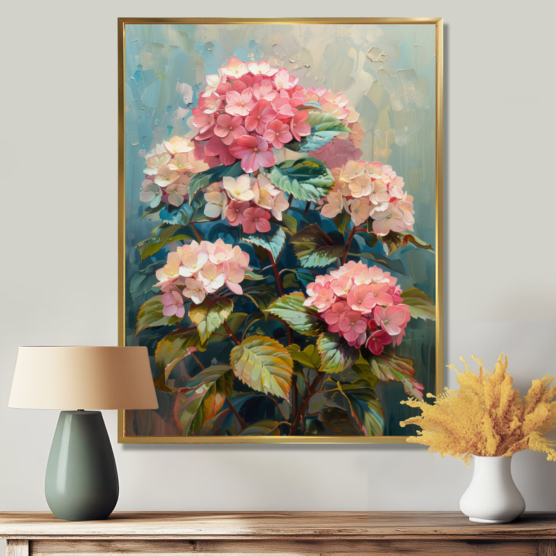 Hortensia rose et bleu qui fleurit en été IV - hydrangées, art mural, Cadre flottant doré, H 30 po x l 40 po